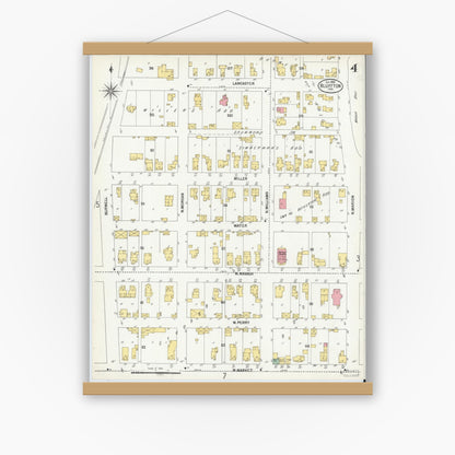 Old map wall art mockup — magnetic wood frame on white wall — Sanborn Fire Insurance Map from Bluffton, Wells County, Indiana (1900), Sheet #0004
