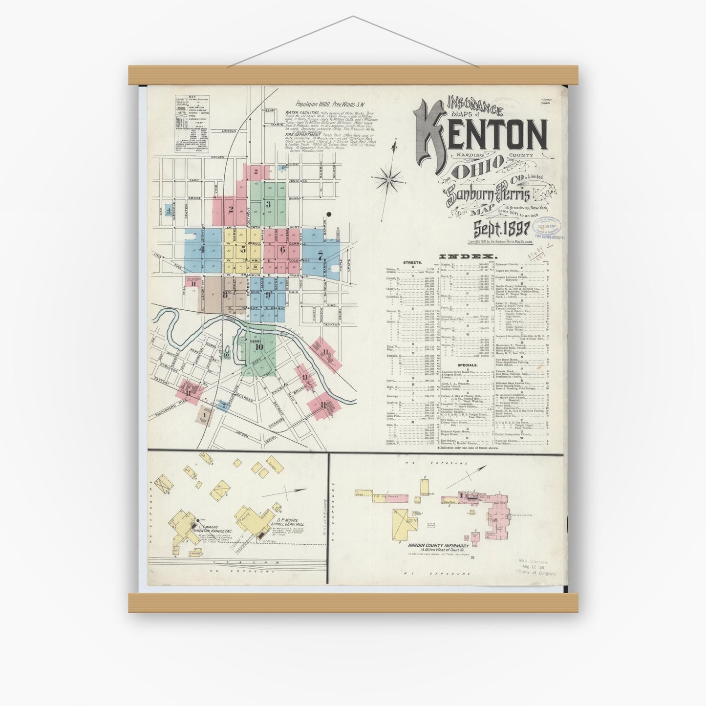 Old map wall art mockup — magnetic wood frame on white wall — Sanborn Fire Insurance Map from Kenton, Hardin County, Ohio (1897) - Complete Map Set