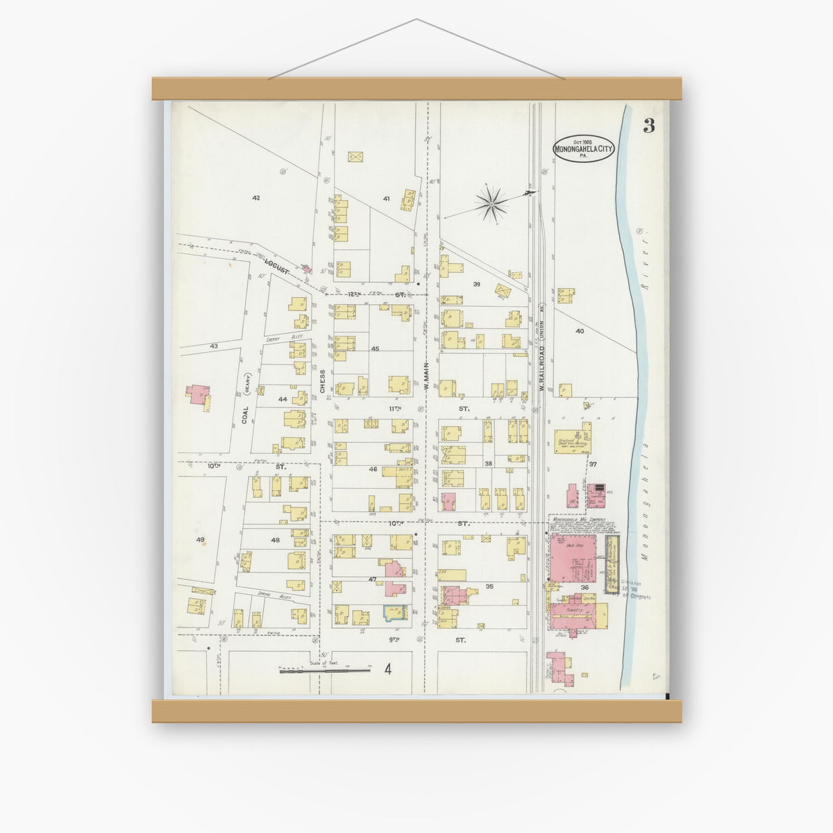 Old map wall art mockup — magnetic wood frame on white wall — Sanborn Fire Insurance Map from Monongahela City, Washington County, Pennsylvania (1905), Sheet #0003