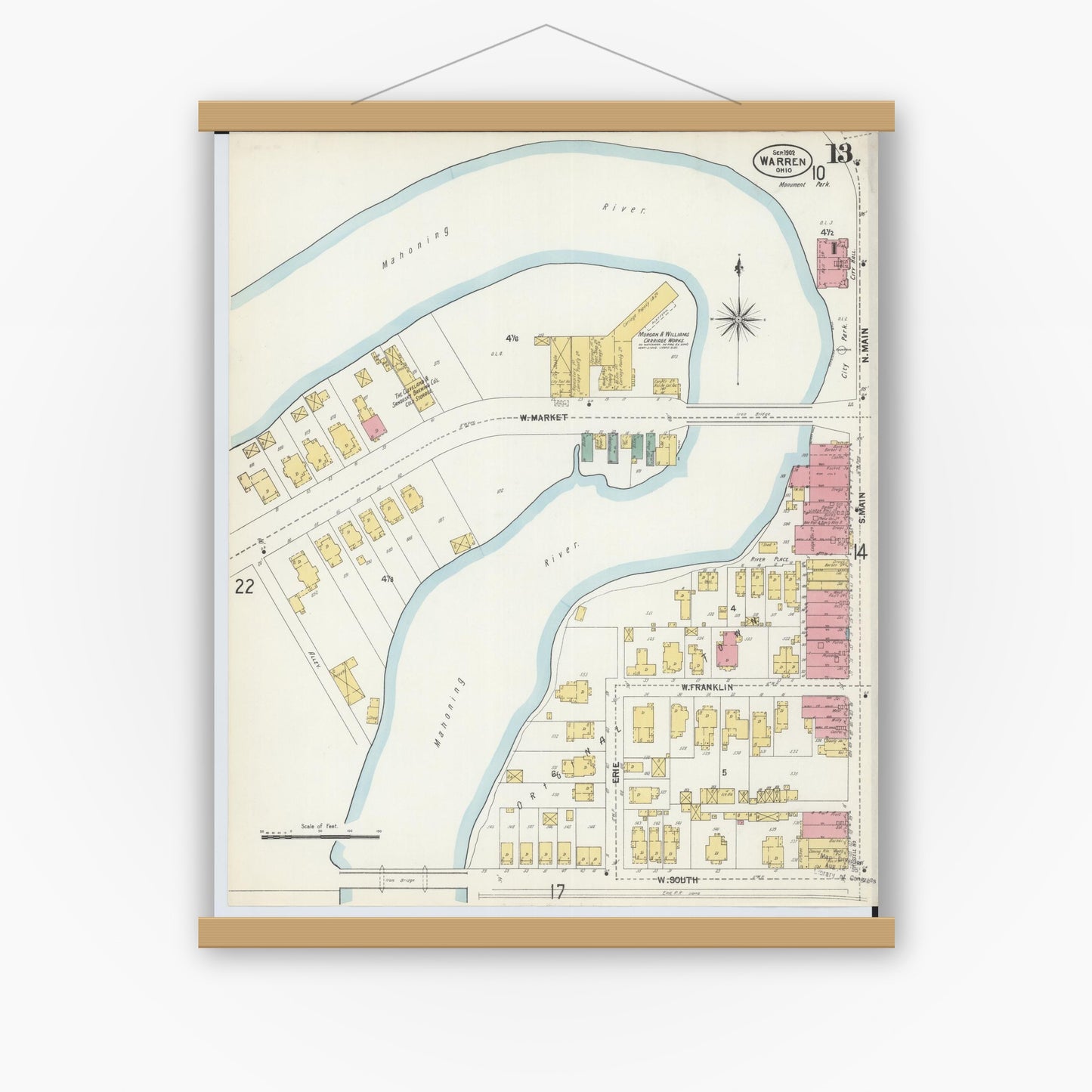 Old map wall art mockup — magnetic wood frame on white wall — Sanborn Fire Insurance Map from Warren, Trumbull County, Ohio (1902), Sheet #0013