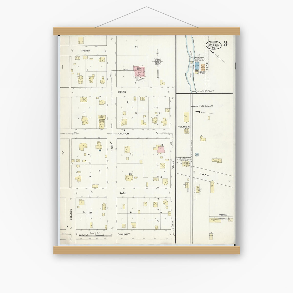 Old map wall art mockup — magnetic wood frame on white wall — Sanborn Fire Insurance Map from Ozark, Christian County, Missouri (1914), Sheet #0003