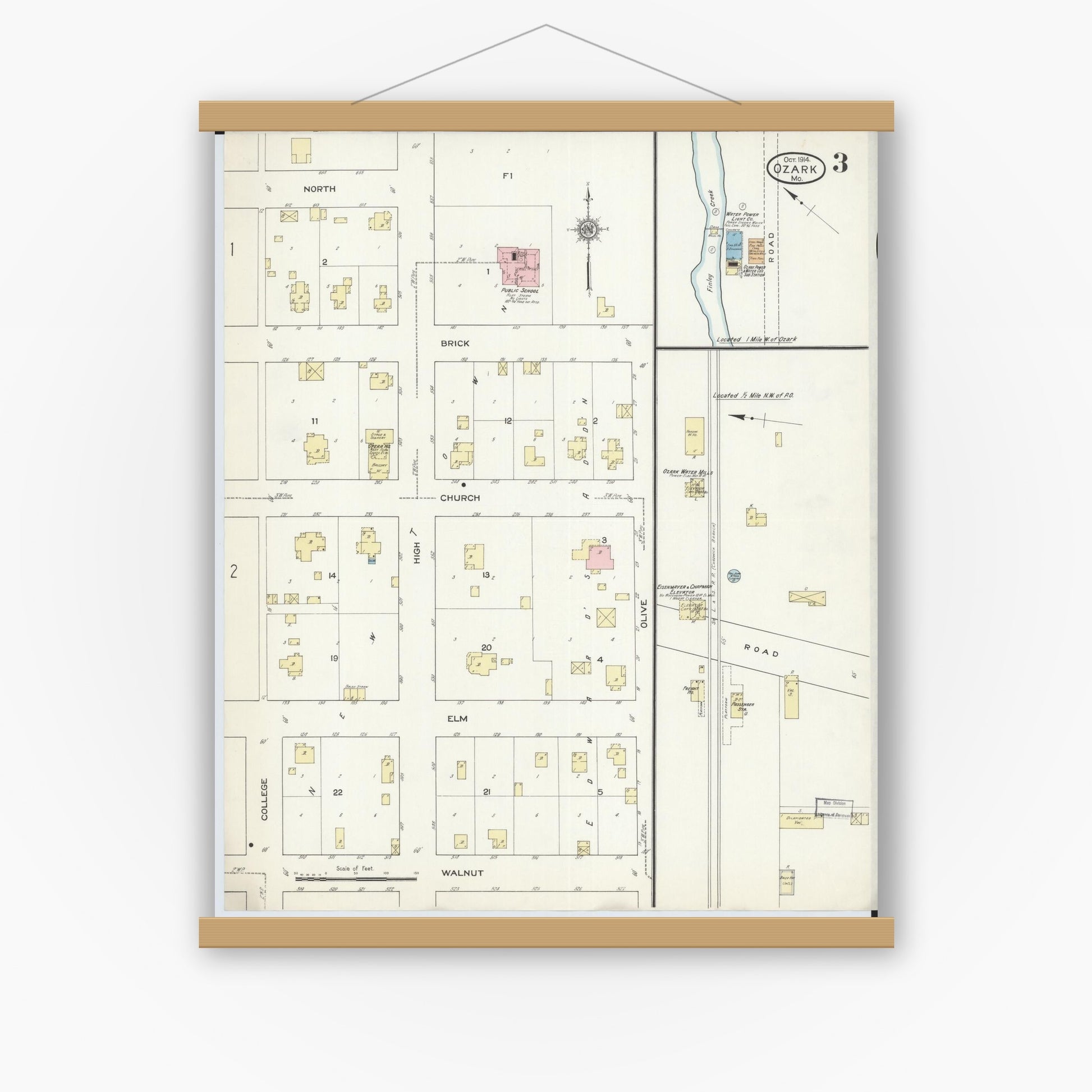 Old map wall art mockup — magnetic wood frame on white wall — Sanborn Fire Insurance Map from Ozark, Christian County, Missouri (1914), Sheet #0003