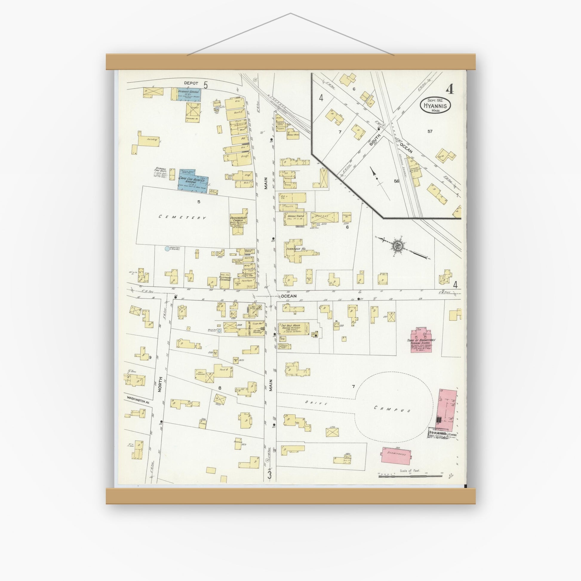 Old map wall art mockup — magnetic wood frame on white wall — Sanborn Fire Insurance Map from Hyannis, Barnstable County, Massachusetts (1912), Sheet #0004
