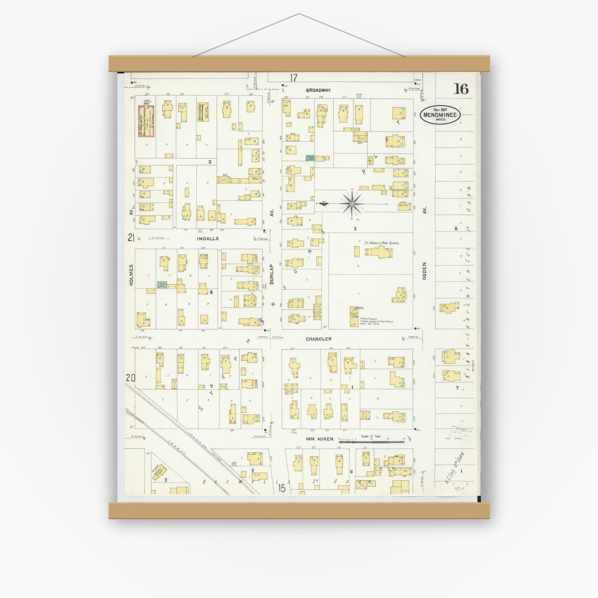 Old map wall art mockup — magnetic wood frame on white wall — Sanborn Fire Insurance Map from Menominee, Menominee County, Michigan (1907), Sheet #0016