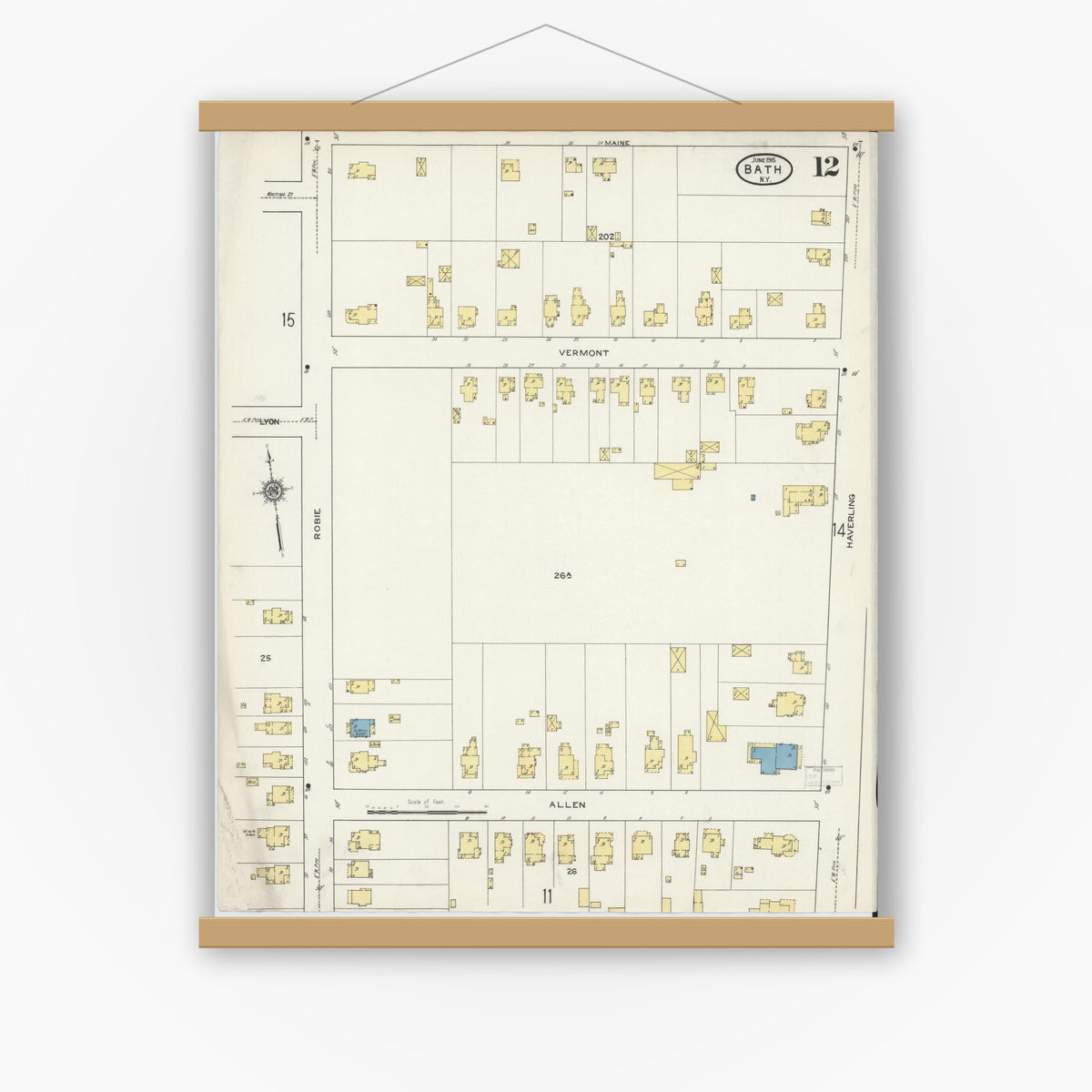 Old map wall art mockup — magnetic wood frame on white wall — Sanborn Fire Insurance Map from Bath, Steuben County, New York (1915), Sheet #0012