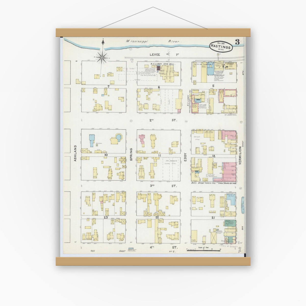 Old map wall art mockup — magnetic wood frame on white wall — Sanborn Fire Insurance Map from Hastings, Dakota County, Minnesota (1891), Sheet #0003