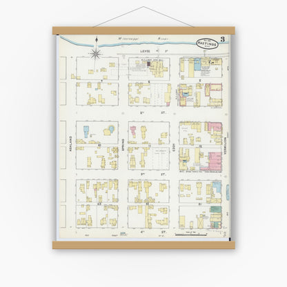 Old map wall art mockup — magnetic wood frame on white wall — Sanborn Fire Insurance Map from Hastings, Dakota County, Minnesota (1891), Sheet #0003
