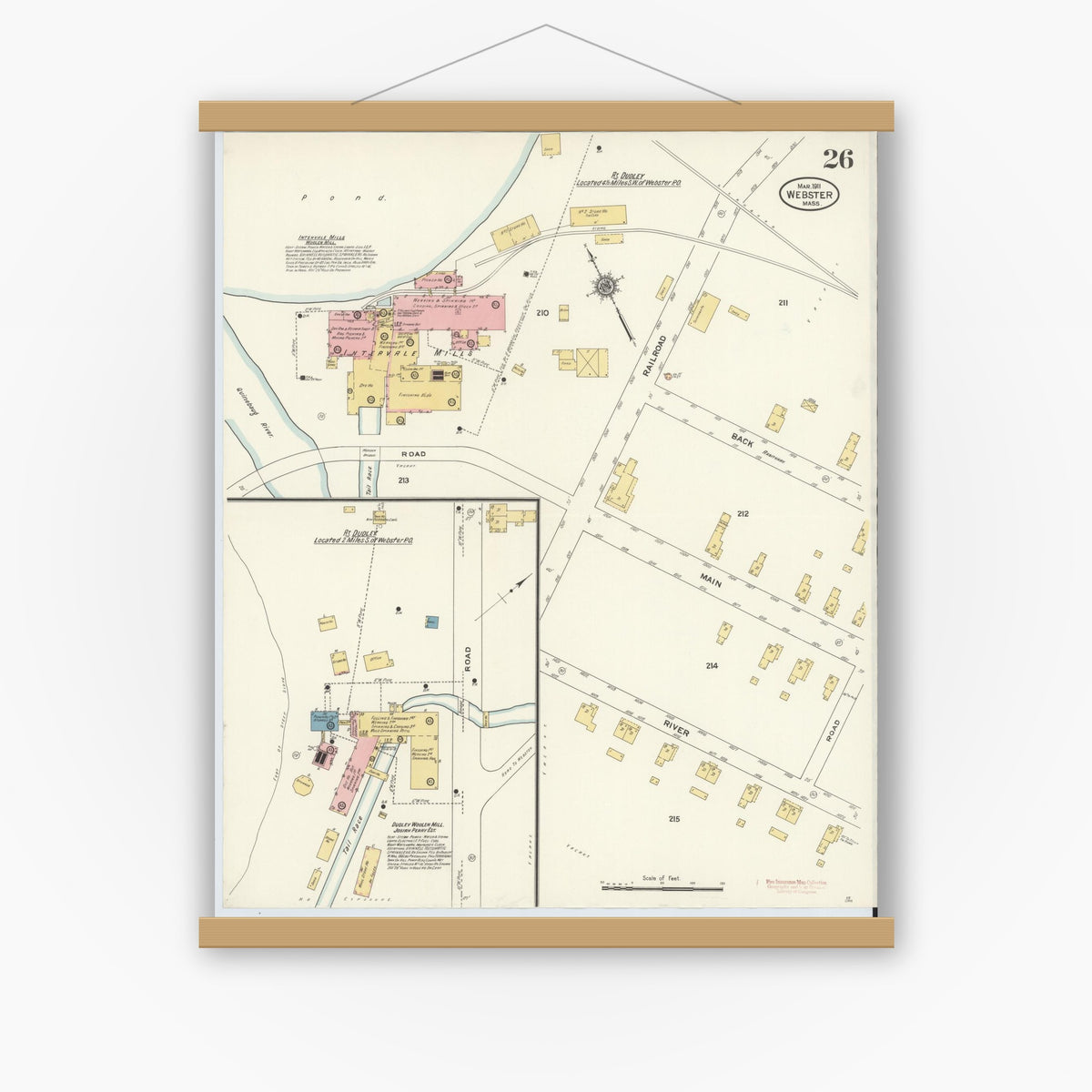 Old map wall art mockup — magnetic wood frame on white wall — Sanborn Fire Insurance Map from Webster, Worcester County, Massachusetts (1911), Sheet #0026