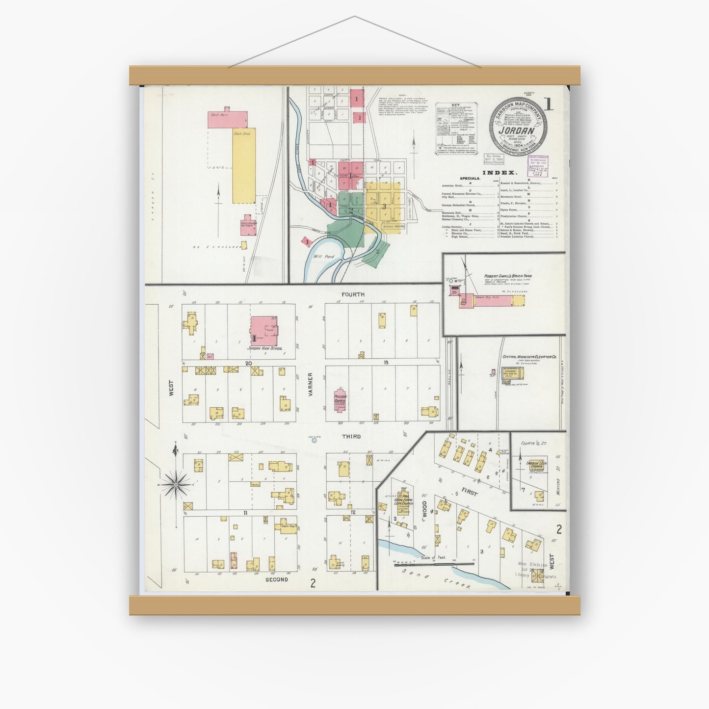 Old map wall art mockup — magnetic wood frame on white wall — Sanborn Fire Insurance Map from Jordan, Scott County, Minnesota (1904) - Complete Map Set
