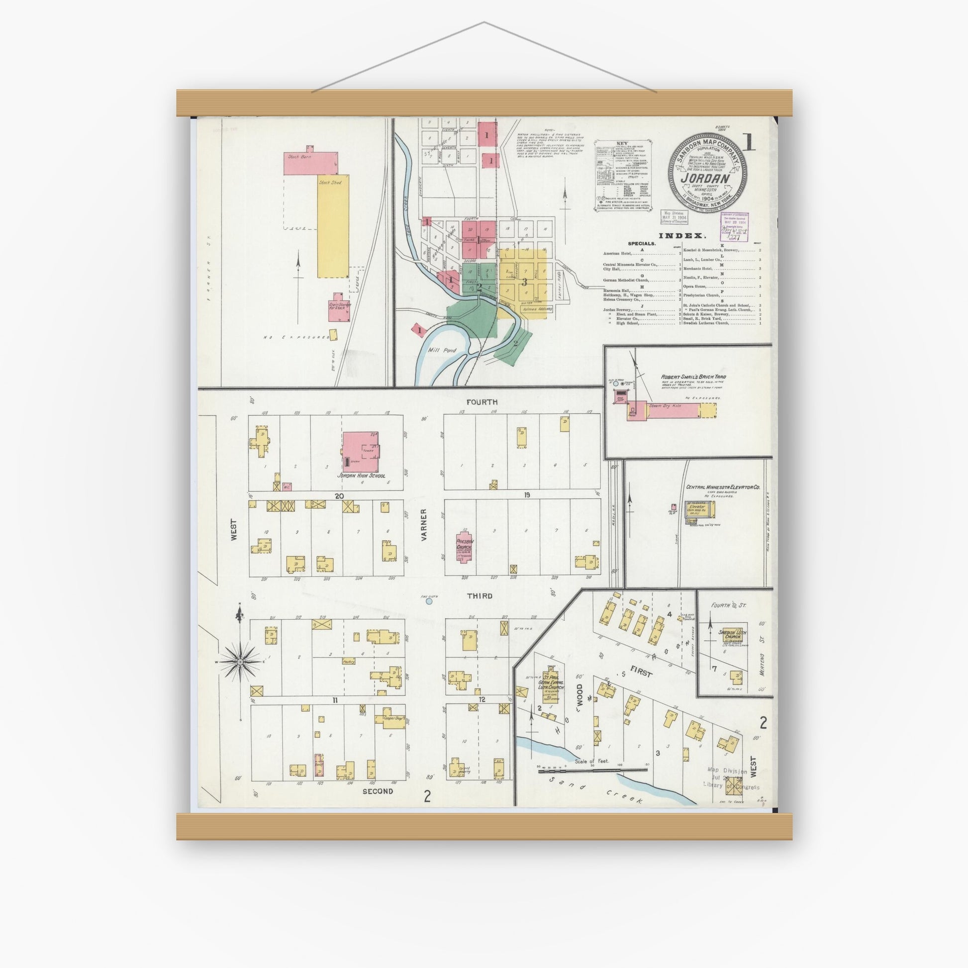 Old map wall art mockup — magnetic wood frame on white wall — Sanborn Fire Insurance Map from Jordan, Scott County, Minnesota (1904) - Complete Map Set