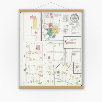 Old map wall art mockup — magnetic wood frame on white wall — Sanborn Fire Insurance Map from Jordan, Scott County, Minnesota (1904) - Complete Map Set
