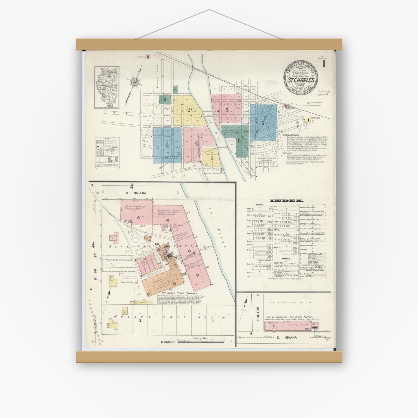 Old map wall art mockup — magnetic wood frame on white wall — Sanborn Fire Insurance Map from Saint Charles, Kane County, Illinois (1912), Sheet #0001