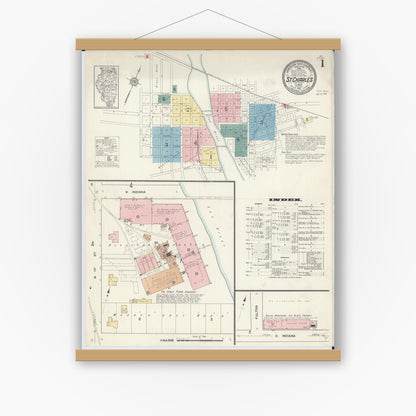 Old map wall art mockup — magnetic wood frame on white wall — Sanborn Fire Insurance Map from Saint Charles, Kane County, Illinois (1912), Sheet #0001