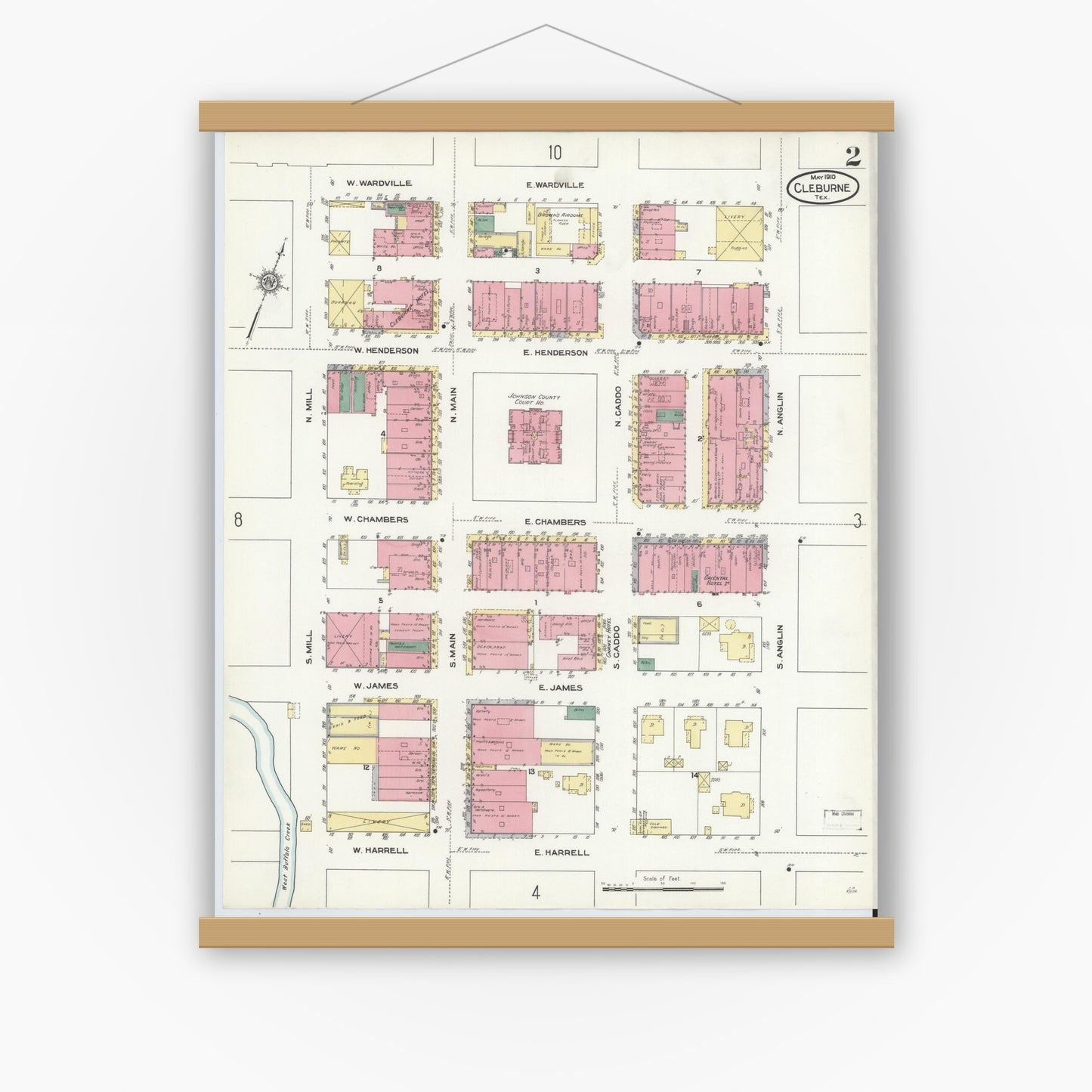 Old map wall art mockup — magnetic wood frame on white wall — Sanborn Fire Insurance Map from Cleburne, Johnson County, Texas (1910), Sheet #0002