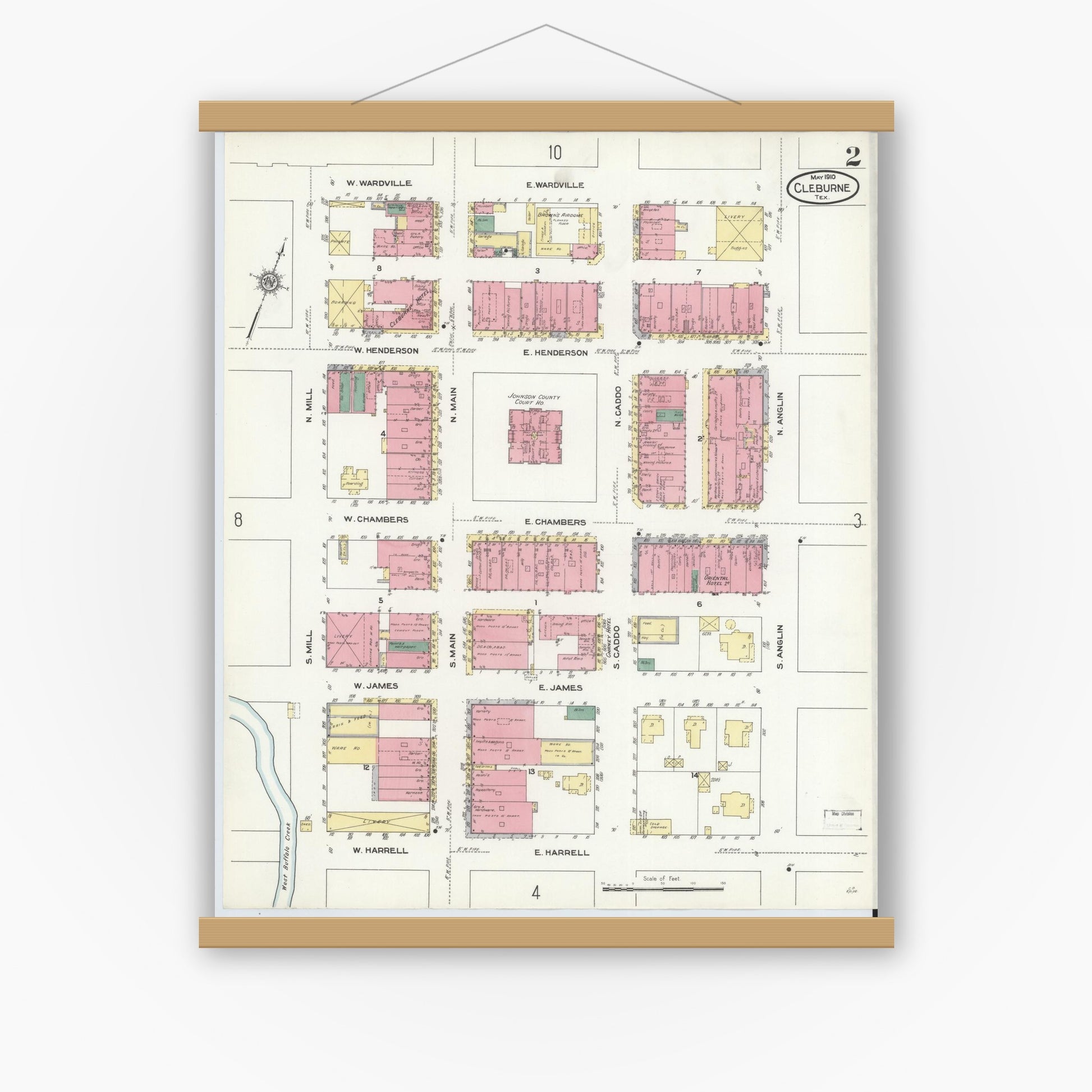 Old map wall art mockup — magnetic wood frame on white wall — Sanborn Fire Insurance Map from Cleburne, Johnson County, Texas (1910), Sheet #0002