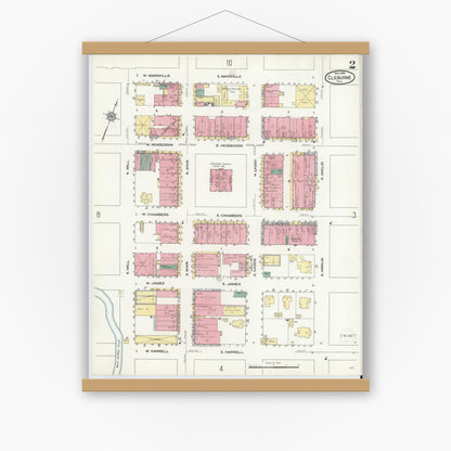 Old map wall art mockup — magnetic wood frame on white wall — Sanborn Fire Insurance Map from Cleburne, Johnson County, Texas (1910), Sheet #0002
