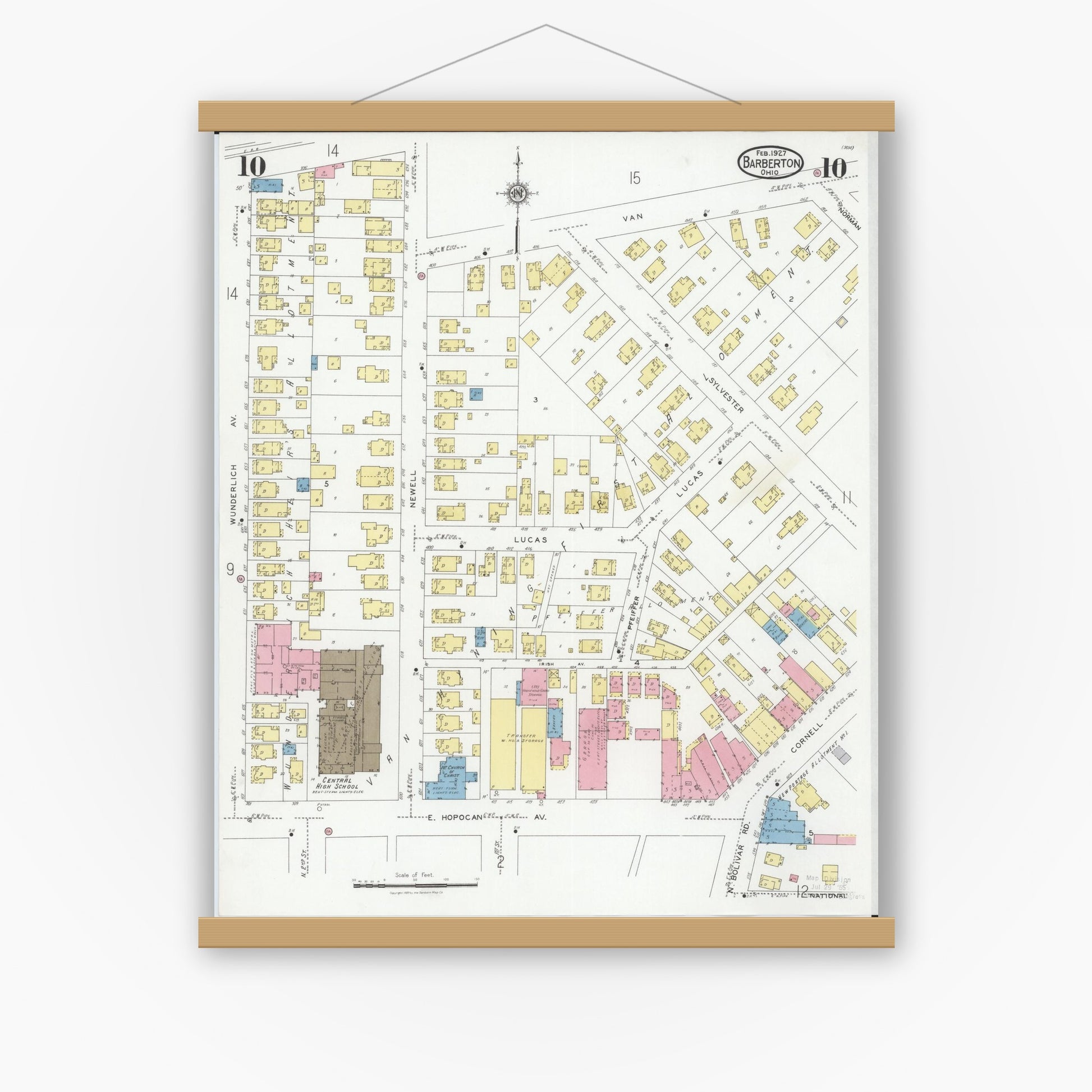 Old map wall art mockup — magnetic wood frame on white wall — Sanborn Fire Insurance Map from Barberton, Summit County, Ohio (1927), Sheet #0010