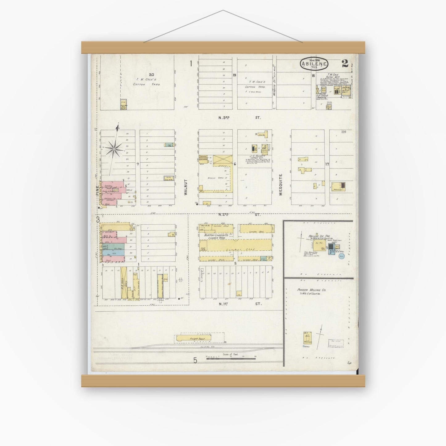 Old map wall art mockup — magnetic wood frame on white wall — Sanborn Fire Insurance Map from Abilene, Taylor County, Texas (1896), Sheet #0002