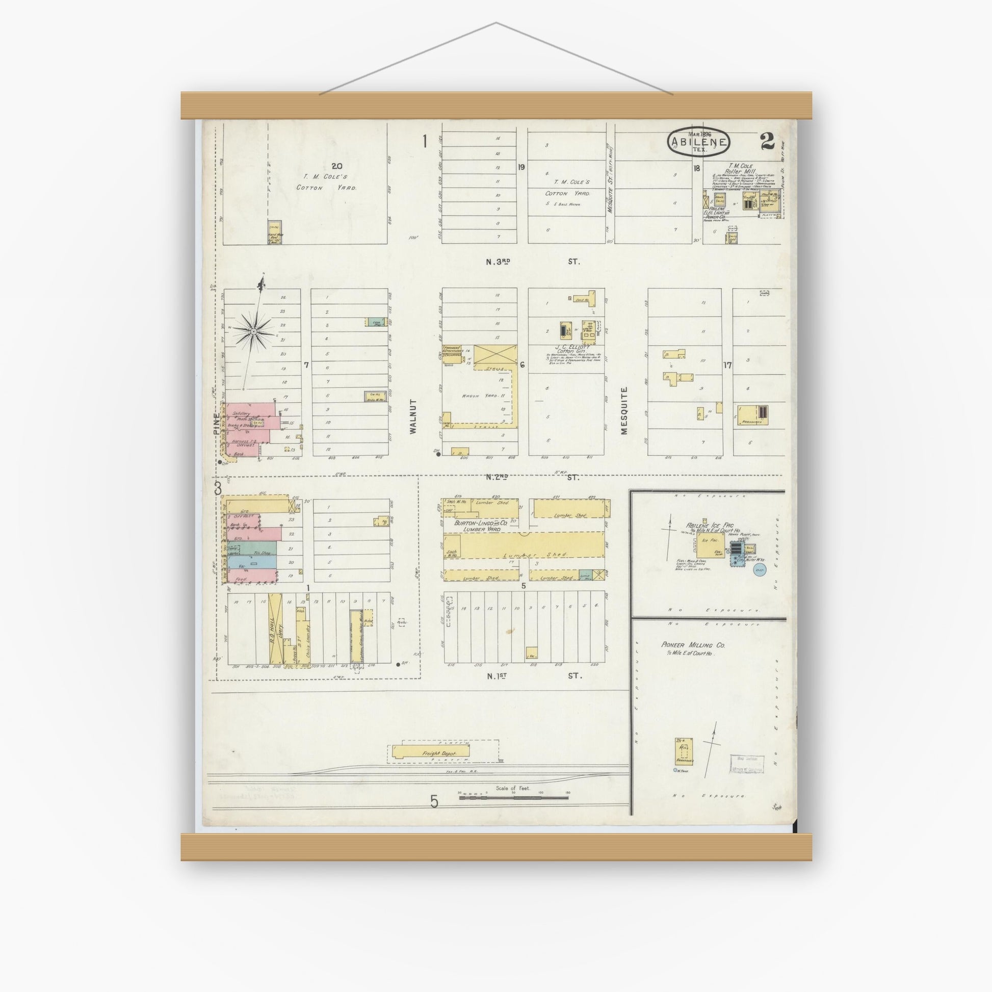 Old map wall art mockup — magnetic wood frame on white wall — Sanborn Fire Insurance Map from Abilene, Taylor County, Texas (1896), Sheet #0002