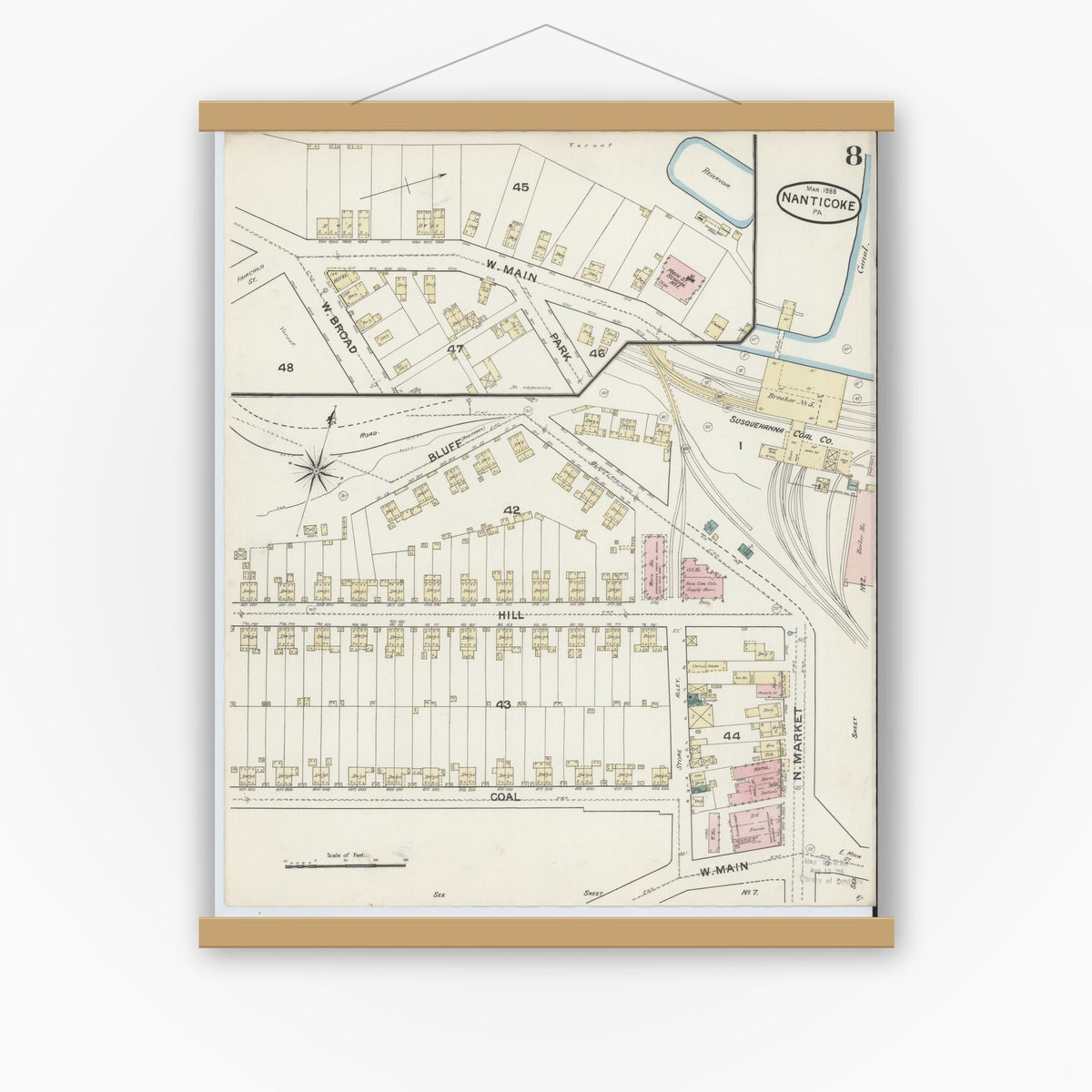 Old map wall art mockup — magnetic wood frame on white wall — Sanborn Fire Insurance Map from Nanticoke, Luzerne County, Pennsylvania (1888), Sheet #0008
