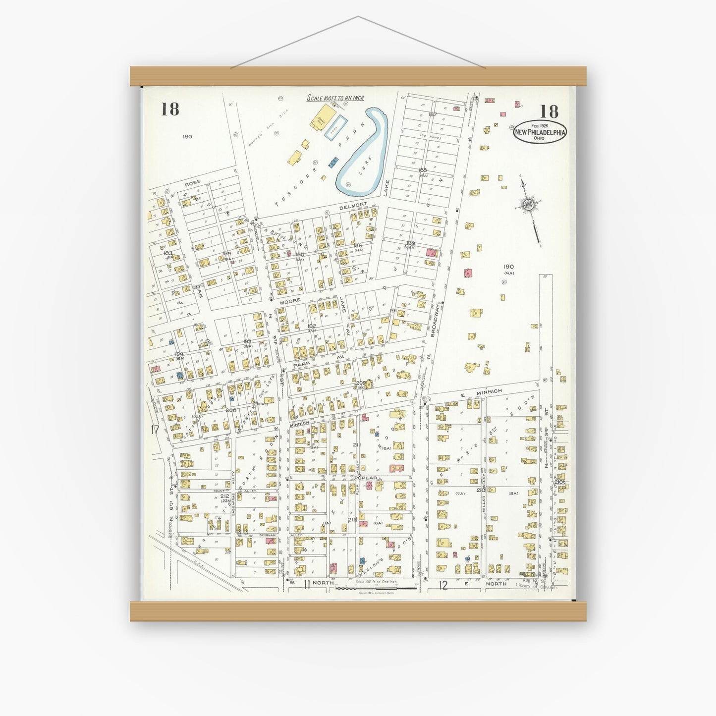 Old map wall art mockup — magnetic wood frame on white wall — Sanborn Fire Insurance Map from New Philadelphia, Tuscarawas County, Ohio (1926), Sheet #0018