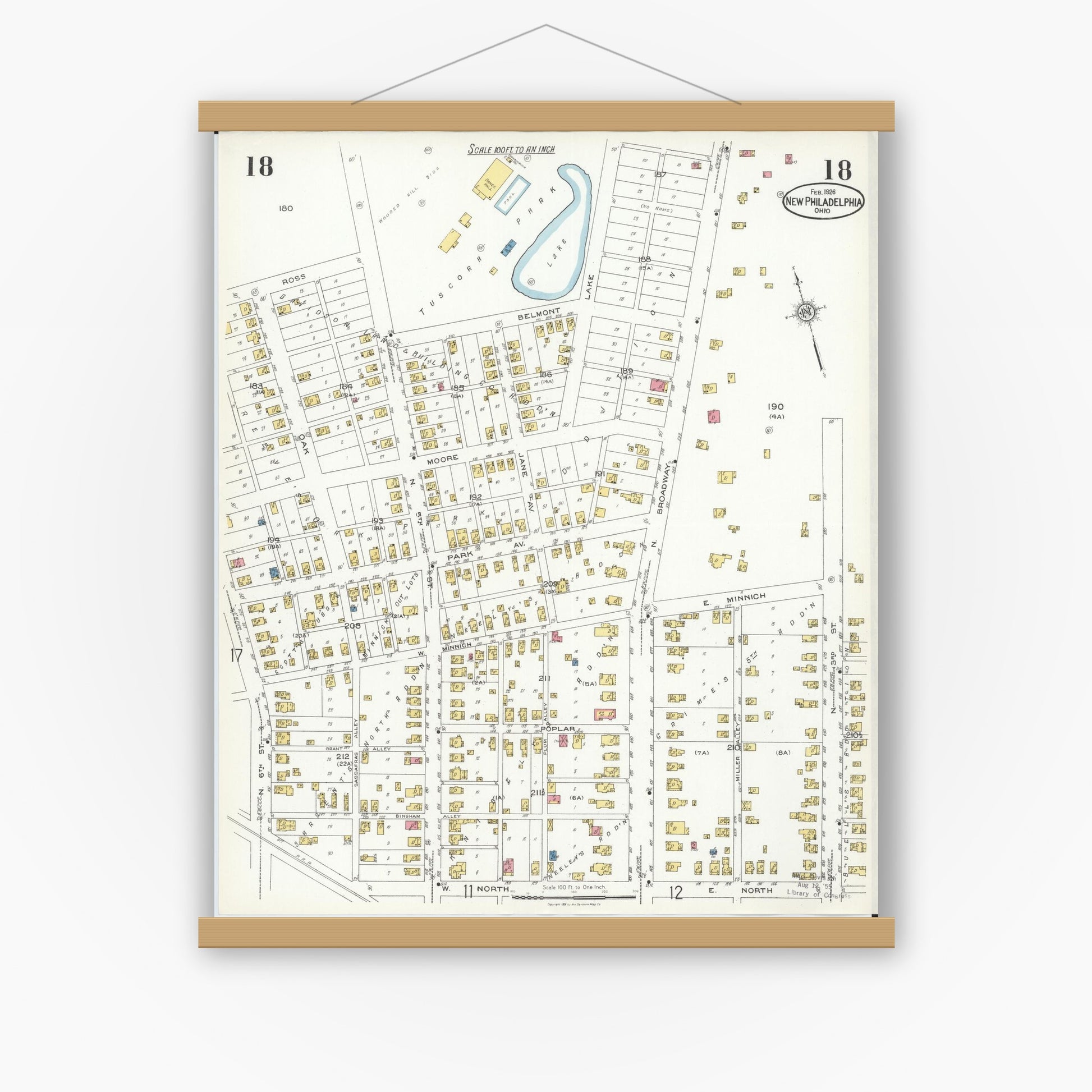 Old map wall art mockup — magnetic wood frame on white wall — Sanborn Fire Insurance Map from New Philadelphia, Tuscarawas County, Ohio (1926), Sheet #0018