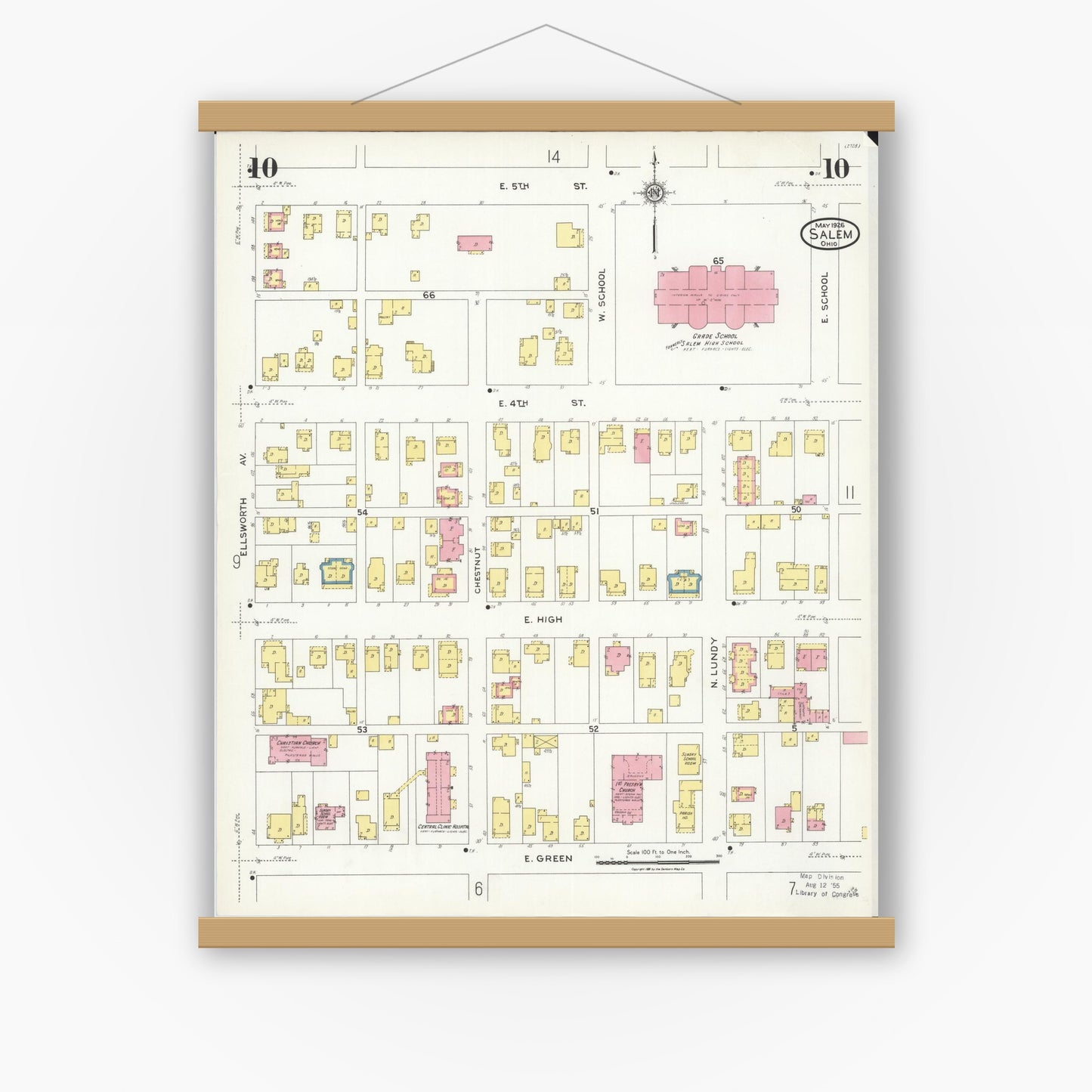 Old map wall art mockup — magnetic wood frame on white wall — Sanborn Fire Insurance Map from Salem, Columbiana County, Ohio (1926), Sheet #0010