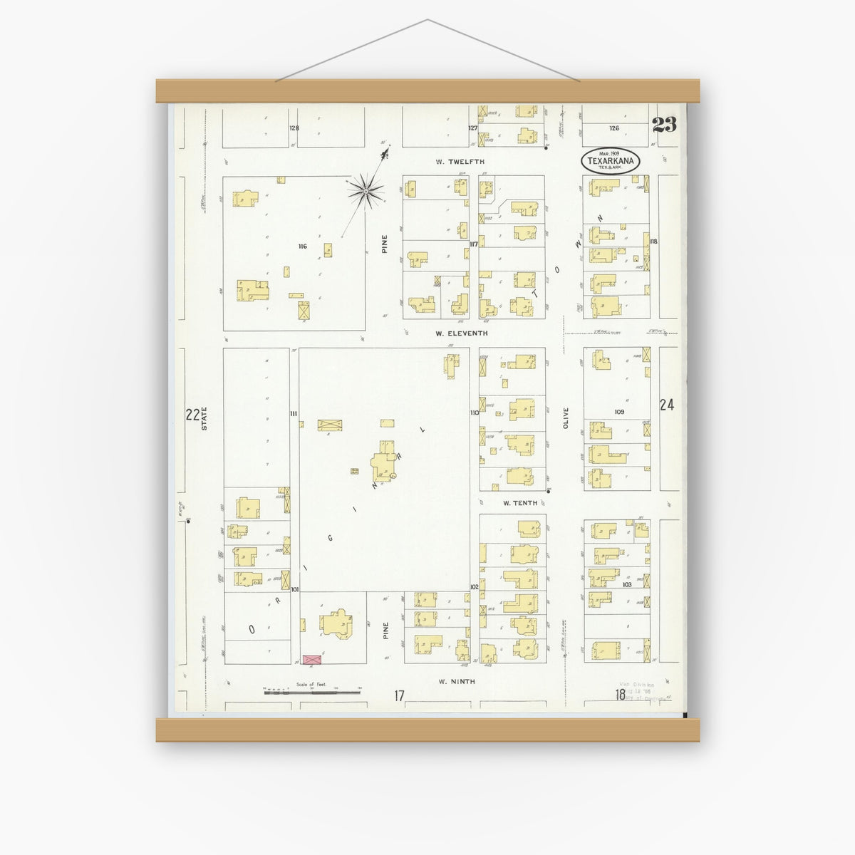 Old map wall art mockup — magnetic wood frame on white wall — Sanborn Fire Insurance Map from Texarkana, Bowie County, Texas (1909), Sheet #0023