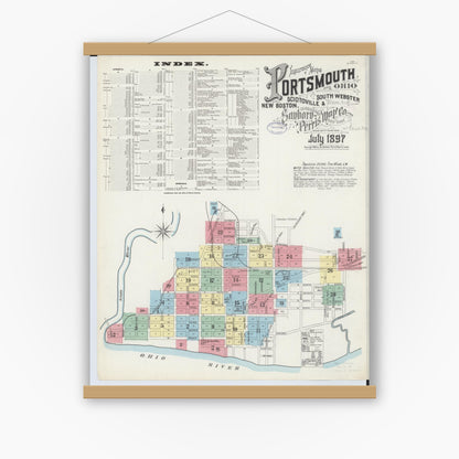 Old map wall art mockup — magnetic wood frame on white wall — Sanborn Fire Insurance Map from Portsmouth, Scioto County, Ohio (1897) - Complete Map Set