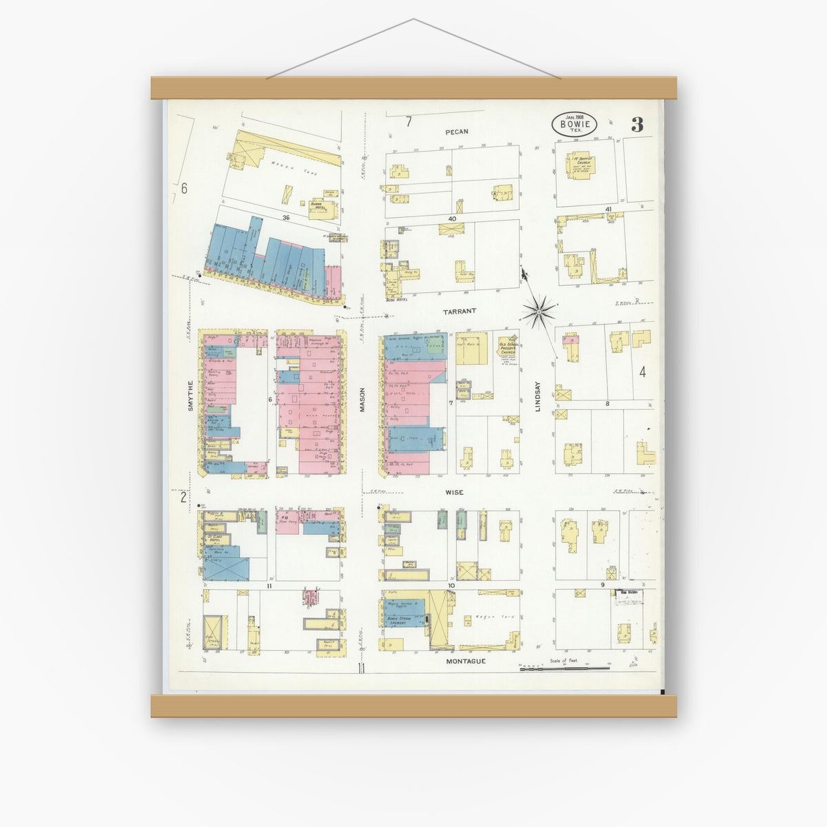 Old map wall art mockup — magnetic wood frame on white wall — Sanborn Fire Insurance Map from Bowie, Montague County, Texas (1908), Sheet #0003