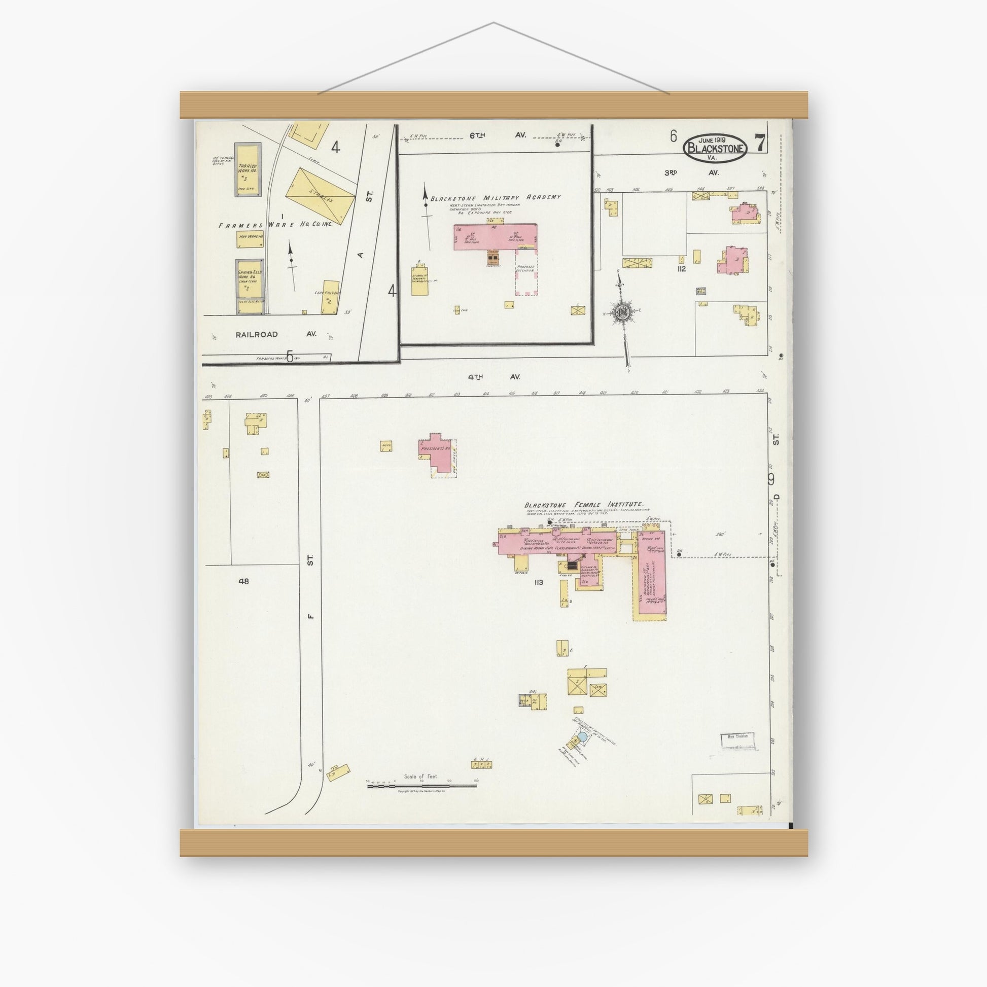 Old map wall art mockup — magnetic wood frame on white wall — Sanborn Fire Insurance Map from Blackstone, Nottoway County, Virginia (1919), Sheet #0007