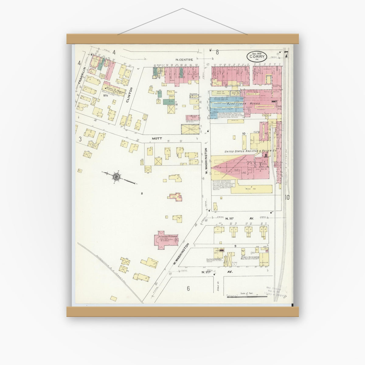 Old map wall art mockup — magnetic wood frame on white wall — Sanborn Fire Insurance Map from Corry, Erie County, Pennsylvania (1909), Sheet #0007