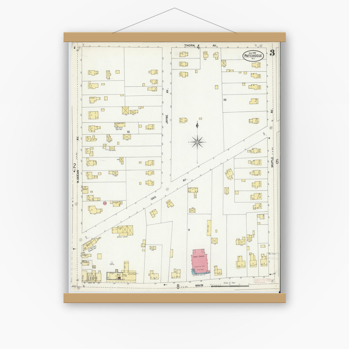 Old map wall art mockup — magnetic wood frame on white wall — Sanborn Fire Insurance Map from Patchogue, Suffolk County, New York (1902), Sheet #0003