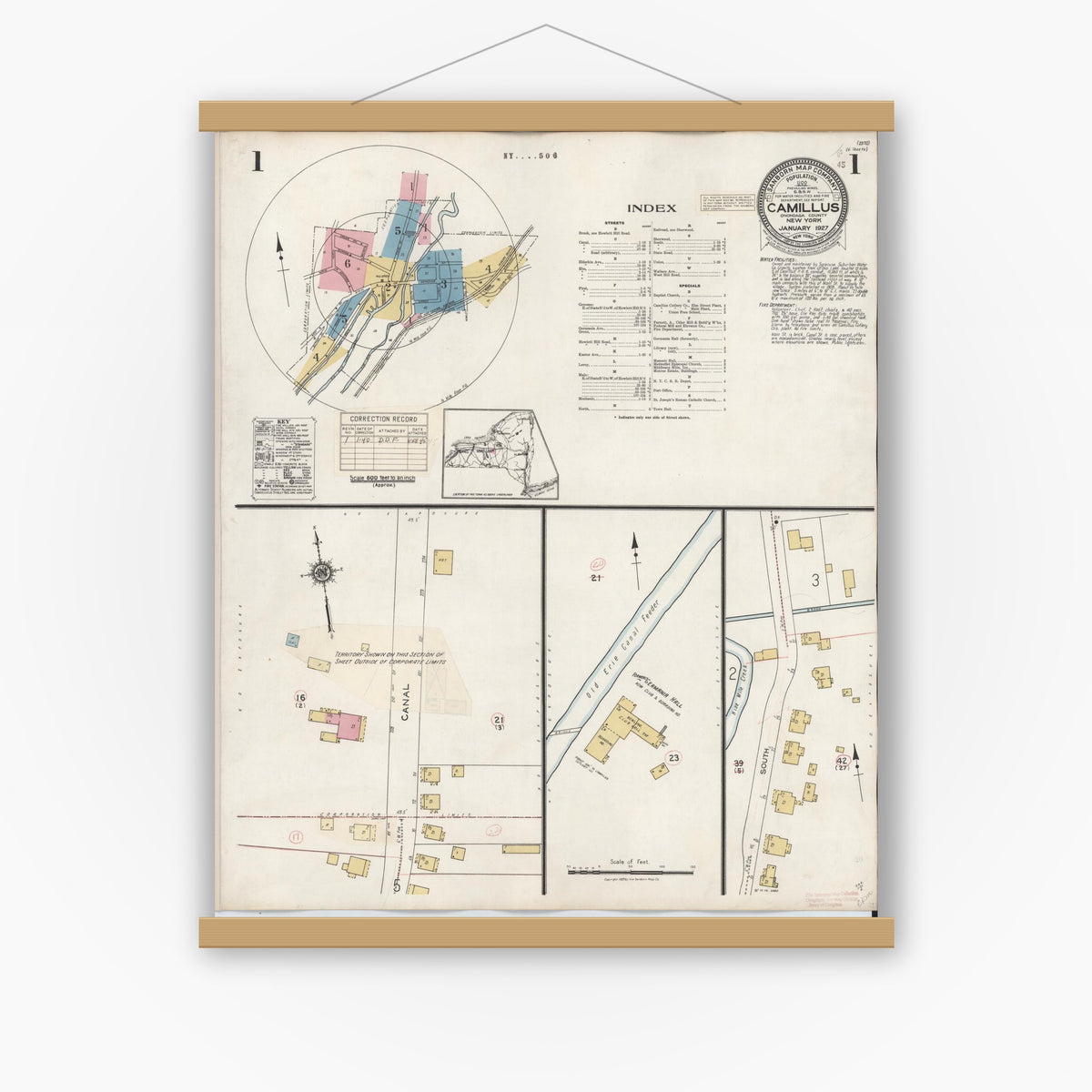 Old map wall art mockup — magnetic wood frame on white wall — Sanborn Fire Insurance Map from Camillus, Onondaga County, New York (1940) - Complete Map Set