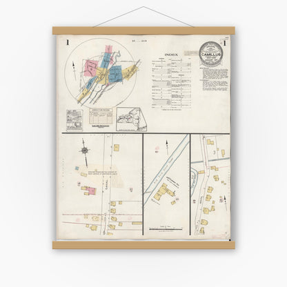 Old map wall art mockup — magnetic wood frame on white wall — Sanborn Fire Insurance Map from Camillus, Onondaga County, New York (1940) - Complete Map Set