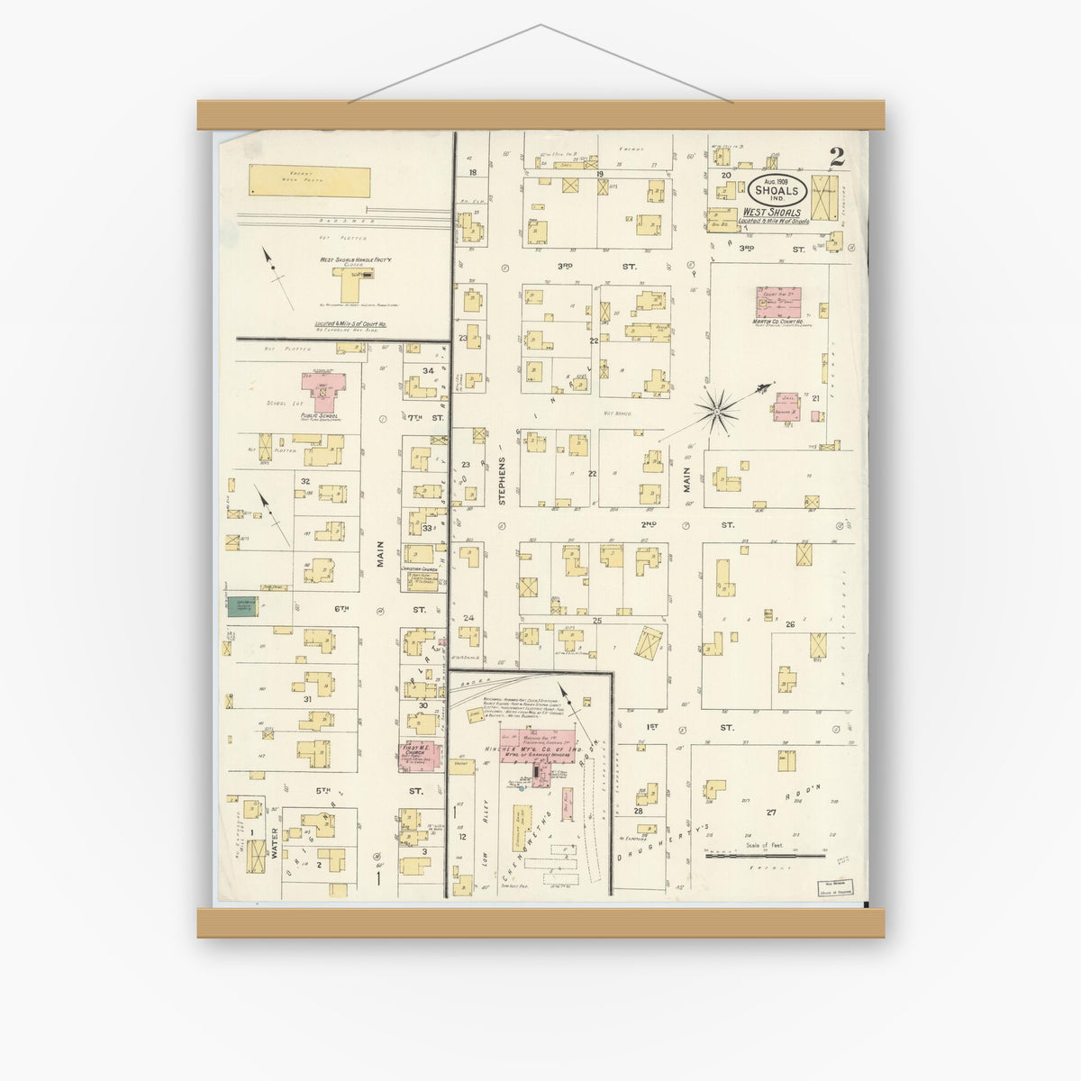 Old map wall art mockup — magnetic wood frame on white wall — Sanborn Fire Insurance Map from Shoals, Martin County, Indiana (1909), Sheet #0002