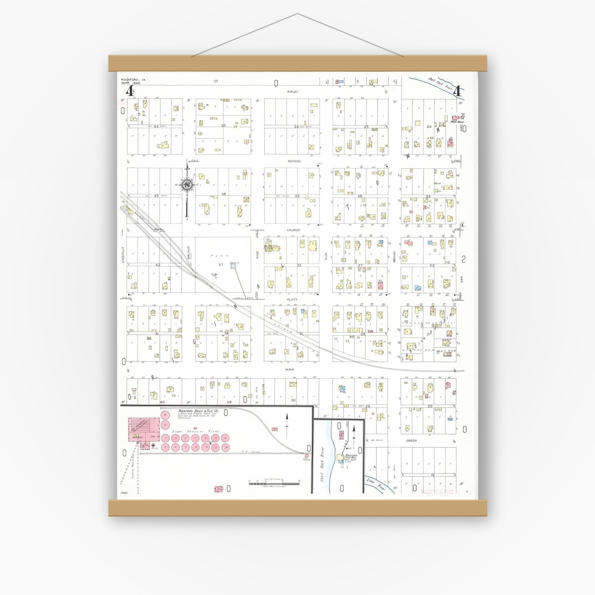 Old map wall art mockup — magnetic wood frame on white wall — Sanborn Fire Insurance Map from Rockford, Floyd County, Iowa (1948), Sheet #0004