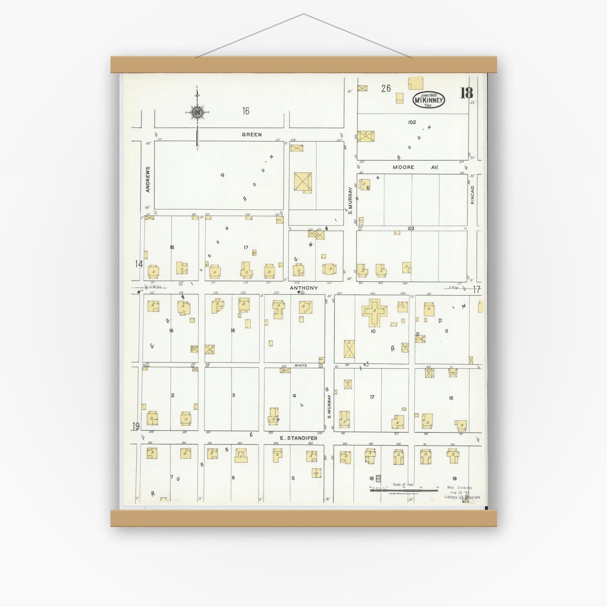 Old map wall art mockup — magnetic wood frame on white wall — Sanborn Fire Insurance Map from McKinney, Collin County, Texas (1920), Sheet #0018