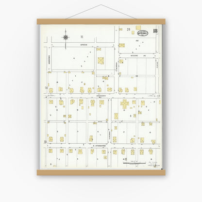 Old map wall art mockup — magnetic wood frame on white wall — Sanborn Fire Insurance Map from McKinney, Collin County, Texas (1920), Sheet #0018