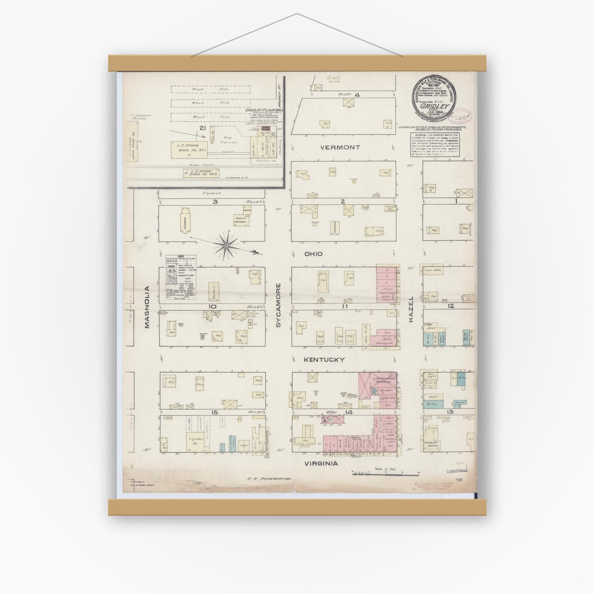 Old map wall art mockup — magnetic wood frame on white wall — Sanborn Fire Insurance Map from Gridley, Butte County, California (1884), Sheet #0001
