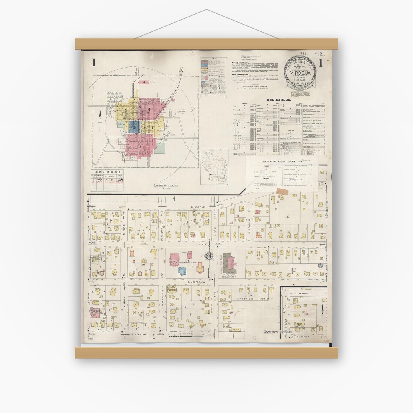 Old map wall art mockup — magnetic wood frame on white wall — Sanborn Fire Insurance Map from Viroqua, Vernon County, Wisconsin (1949) - Complete Map Set