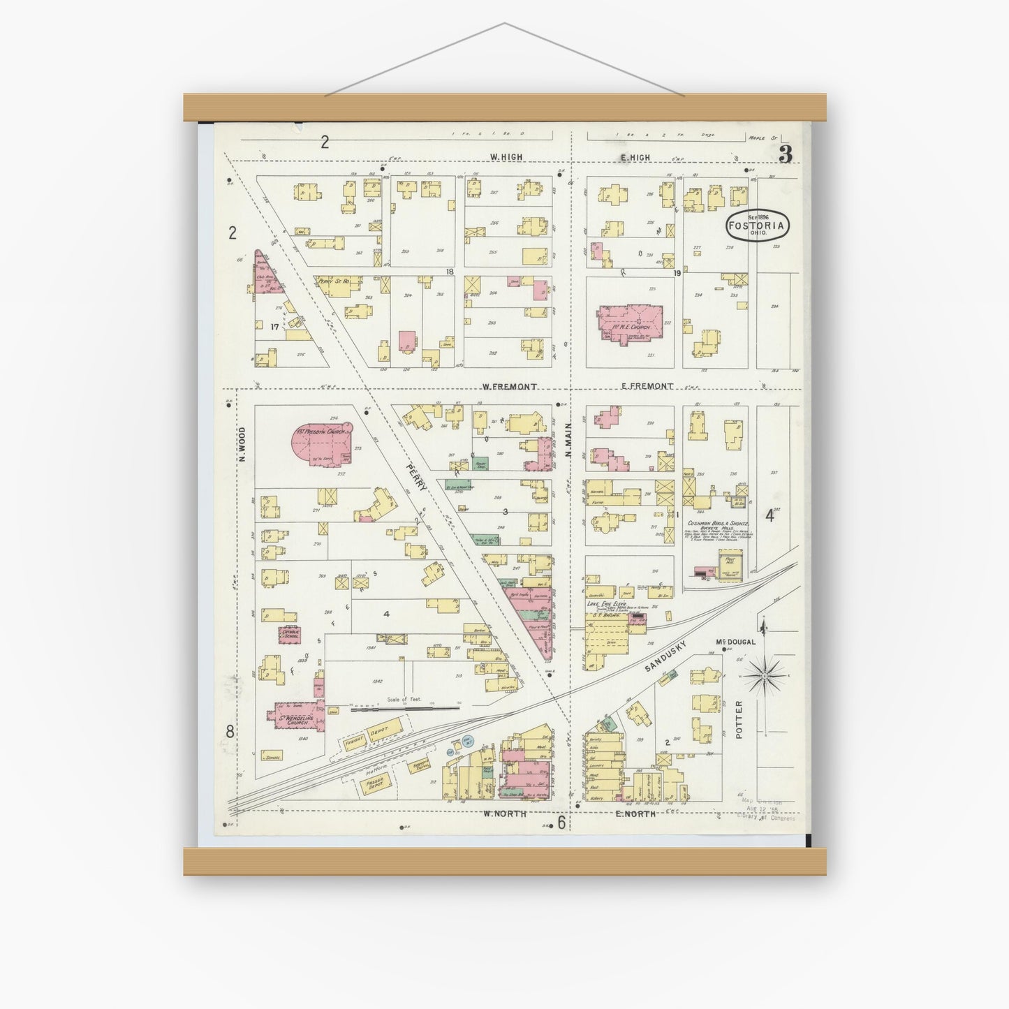 Old map wall art mockup — magnetic wood frame on white wall — Sanborn Fire Insurance Map from Fostoria, Seneca, Hancock, And Wood Counties, Ohio (1896), Sheet #0003