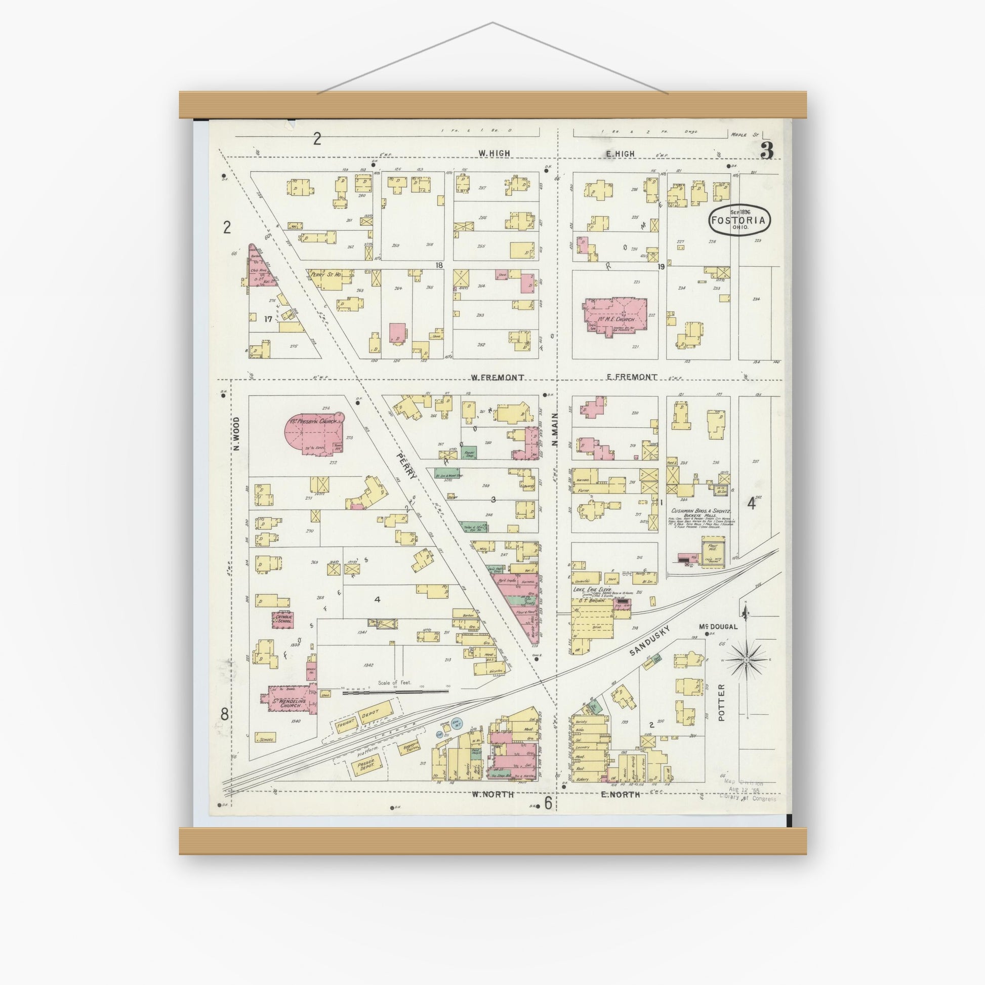 Old map wall art mockup — magnetic wood frame on white wall — Sanborn Fire Insurance Map from Fostoria, Seneca, Hancock, And Wood Counties, Ohio (1896), Sheet #0003