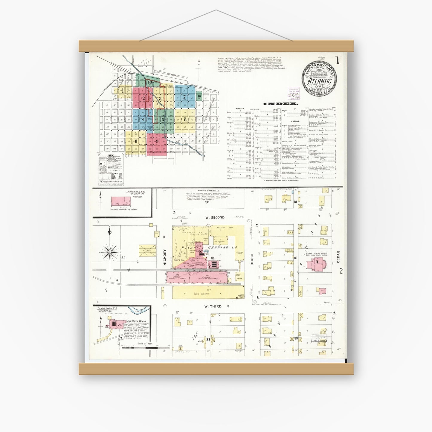 Old map wall art mockup — magnetic wood frame on white wall — Sanborn Fire Insurance Map from Atlantic, Cass County, Iowa (1908) â€” Complete Set