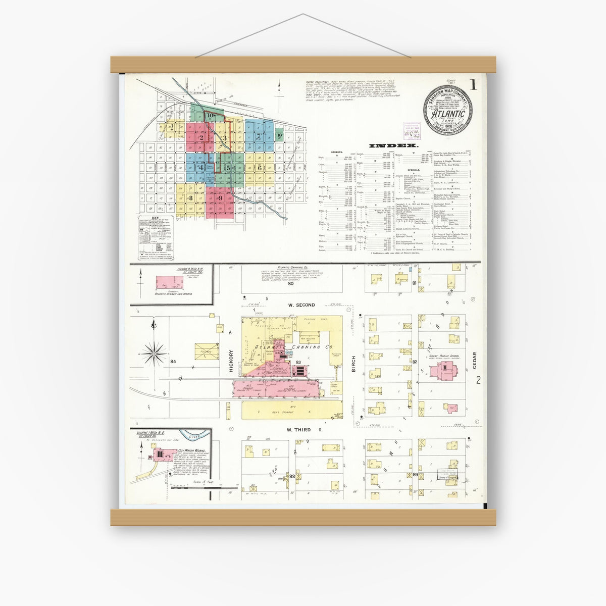 Old map wall art mockup — magnetic wood frame on white wall — Sanborn Fire Insurance Map from Atlantic, Cass County, Iowa (1908) â€” Complete Set