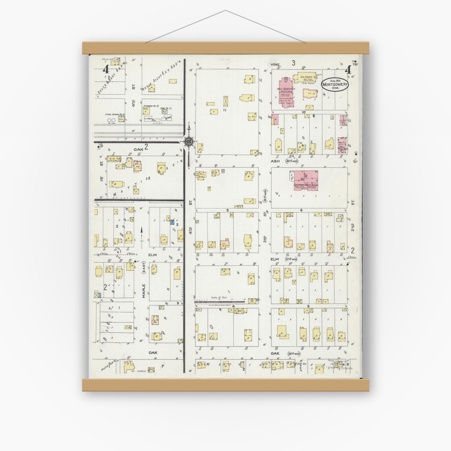 Old map wall art mockup — magnetic wood frame on white wall — Sanborn Fire Insurance Map from Montgomery, Le Sueur County, Minnesota (1924), Sheet #0004