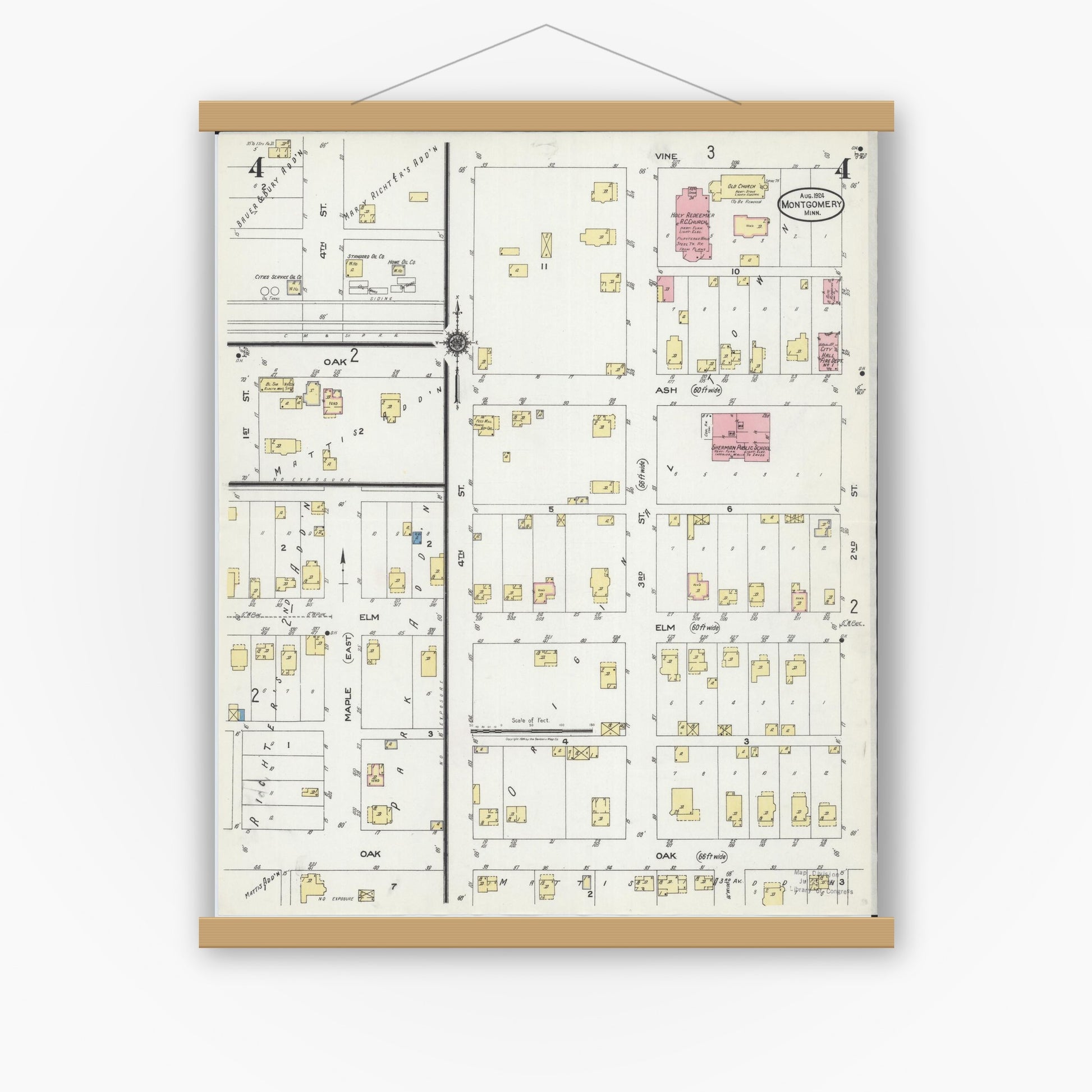 Old map wall art mockup — magnetic wood frame on white wall — Sanborn Fire Insurance Map from Montgomery, Le Sueur County, Minnesota (1924), Sheet #0004