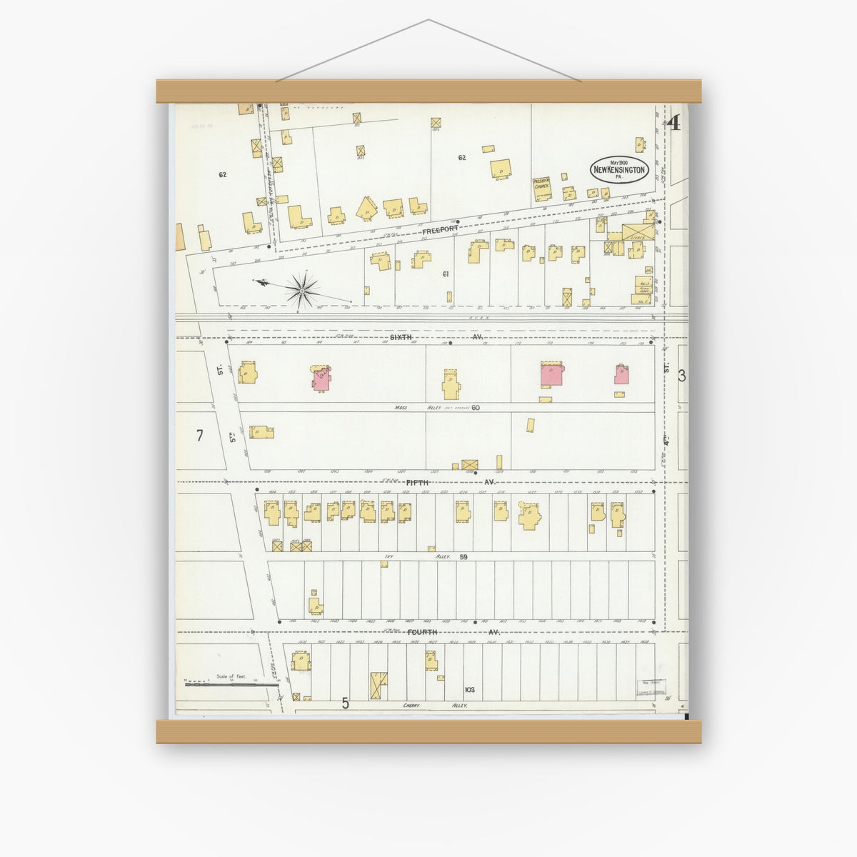Old map wall art mockup — magnetic wood frame on white wall — Sanborn Fire Insurance Map from New Kensington, Westmoreland County, Pennsylvania (1900), Sheet #0004