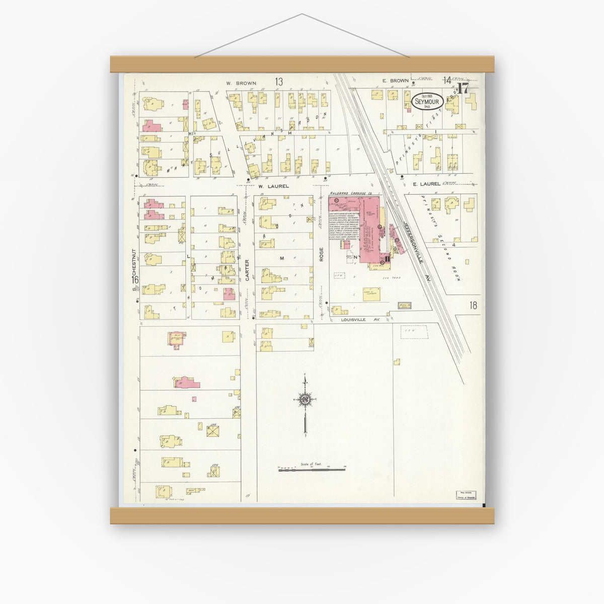 Old map wall art mockup — magnetic wood frame on white wall — Sanborn Fire Insurance Map from Seymour, Jackson County, Indiana (1913), Sheet #0017
