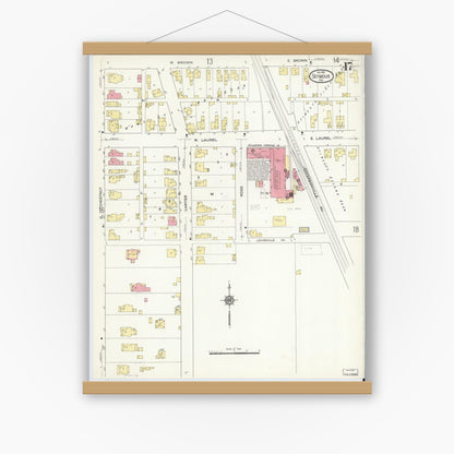 Old map wall art mockup — magnetic wood frame on white wall — Sanborn Fire Insurance Map from Seymour, Jackson County, Indiana (1913), Sheet #0017